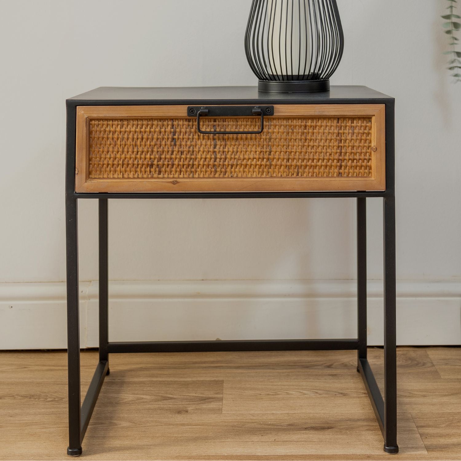 Black Metal and Rattan One Drawer Bedside Table